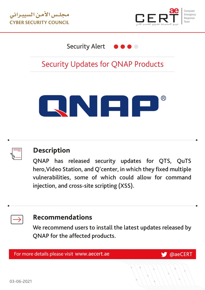 aeCERT's tweet photo. Security updates for #QNAP products 

#Cybersecurity 
#aeCERT https://t.co/YHliwHMIq7