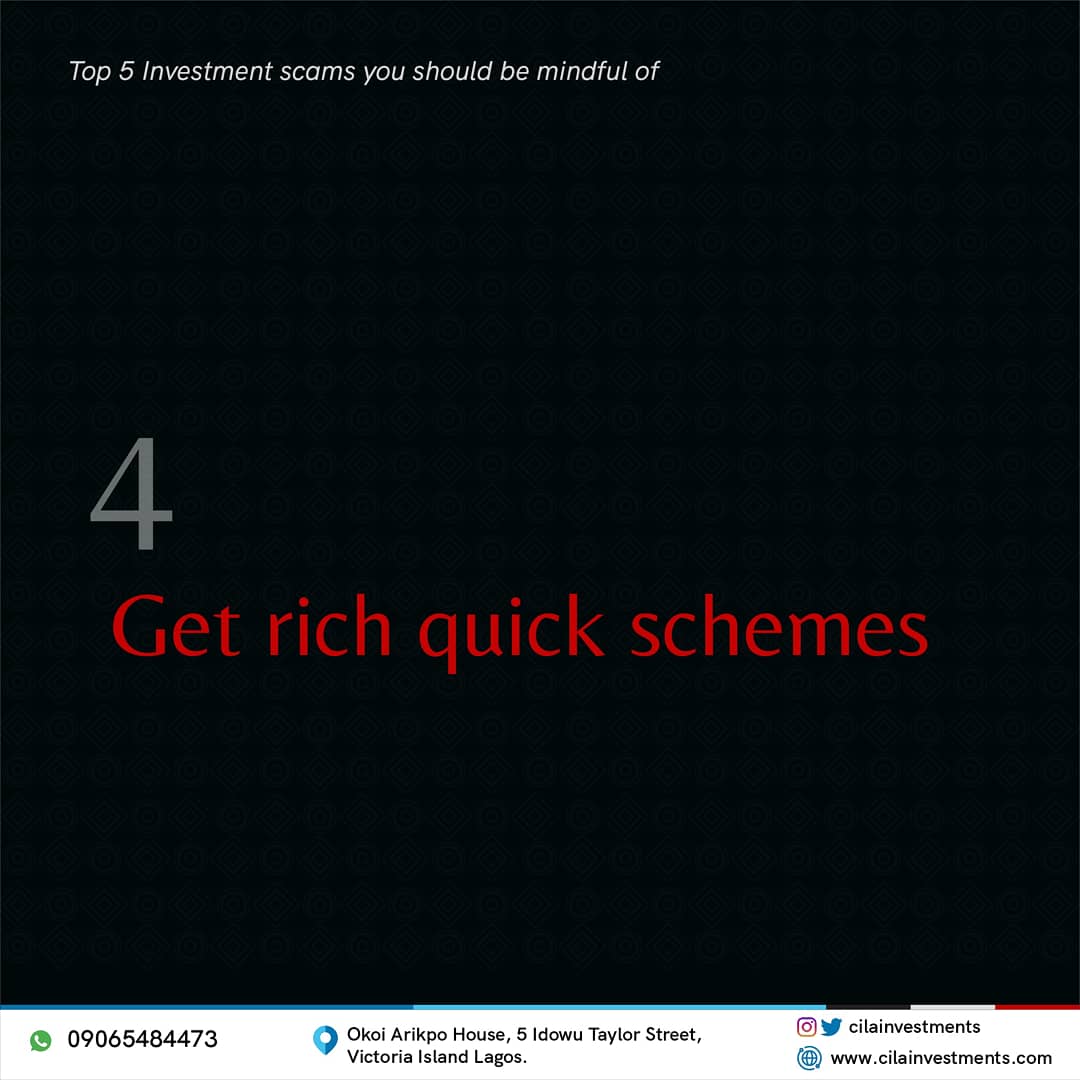 CilaInvestments's tweet photo. Never get caught off guard.

Check out top 5 Investment scams you should be mindful of.

If there are experiences you have, please share in the comment section.

#investmentmanagement #investmentbanking #scams #investmentscam #cilainvestments https://t.co/8GYOsnKLn7