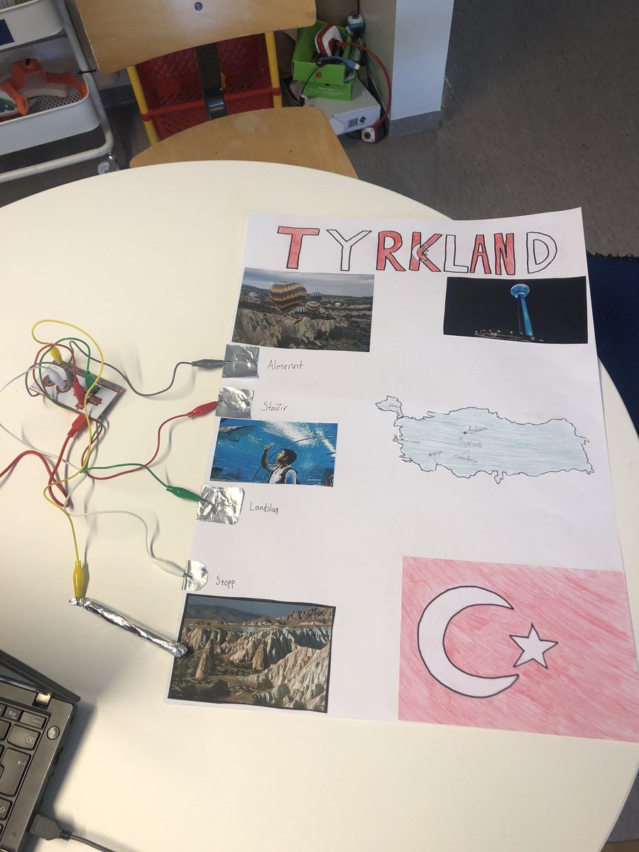 AnnaSvanhildur's tweet photo. Evrópu verkefni með 7. bekk - Gagnvirk veggspjöld með makey makey #menntaspjall #makeymakey https://t.co/ytwjhjdCiG