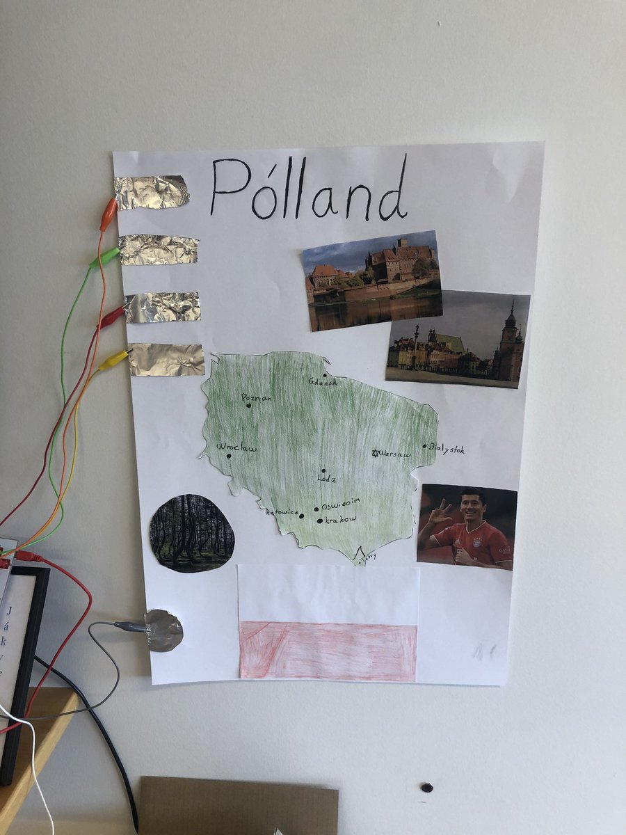 AnnaSvanhildur's tweet photo. Evrópu verkefni með 7. bekk - Gagnvirk veggspjöld með makey makey #menntaspjall #makeymakey https://t.co/ytwjhjdCiG
