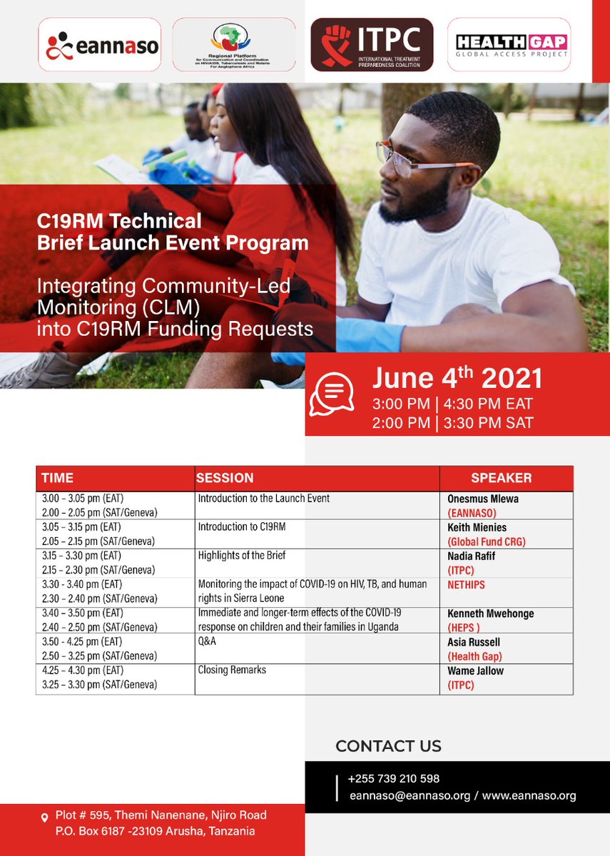 eannaso's tweet photo. EANNASO in partnership with @ITPCglobal  and @HealthGAP  Invites you to a  Webinar: C19RM Technical Brief Launch: "Integrating Community-Led Monitoring (CLM) into C19RM Funding Requests" Join Zoom Meeting
https://t.co/f2WFQft8d6
Meeting ID: 847 2805 9862 
Passcode: 922996 https://t.co/0NXEMSzL9c