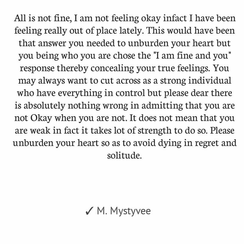 MystyveeK's tweet photo. Admitting that you are not fine is not weakness.
#Happyjune
#Motivation
#Mmystyveemotivation https://t.co/Sk9Zxgnas3