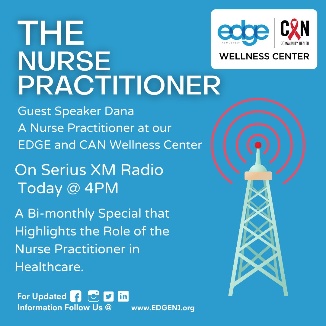 Tune in on Serius XM with us tonight at 4 PM. Dana, a Nurse Practitioner at EDGE and CAN Wellness Center will be a guest speaker on Doctor Radio Channel 110. 

#EDGE #EDGENJ #wellness #healthandwellness #wellnesscenter #nurse #nursepractitioner #radio #radioshow
