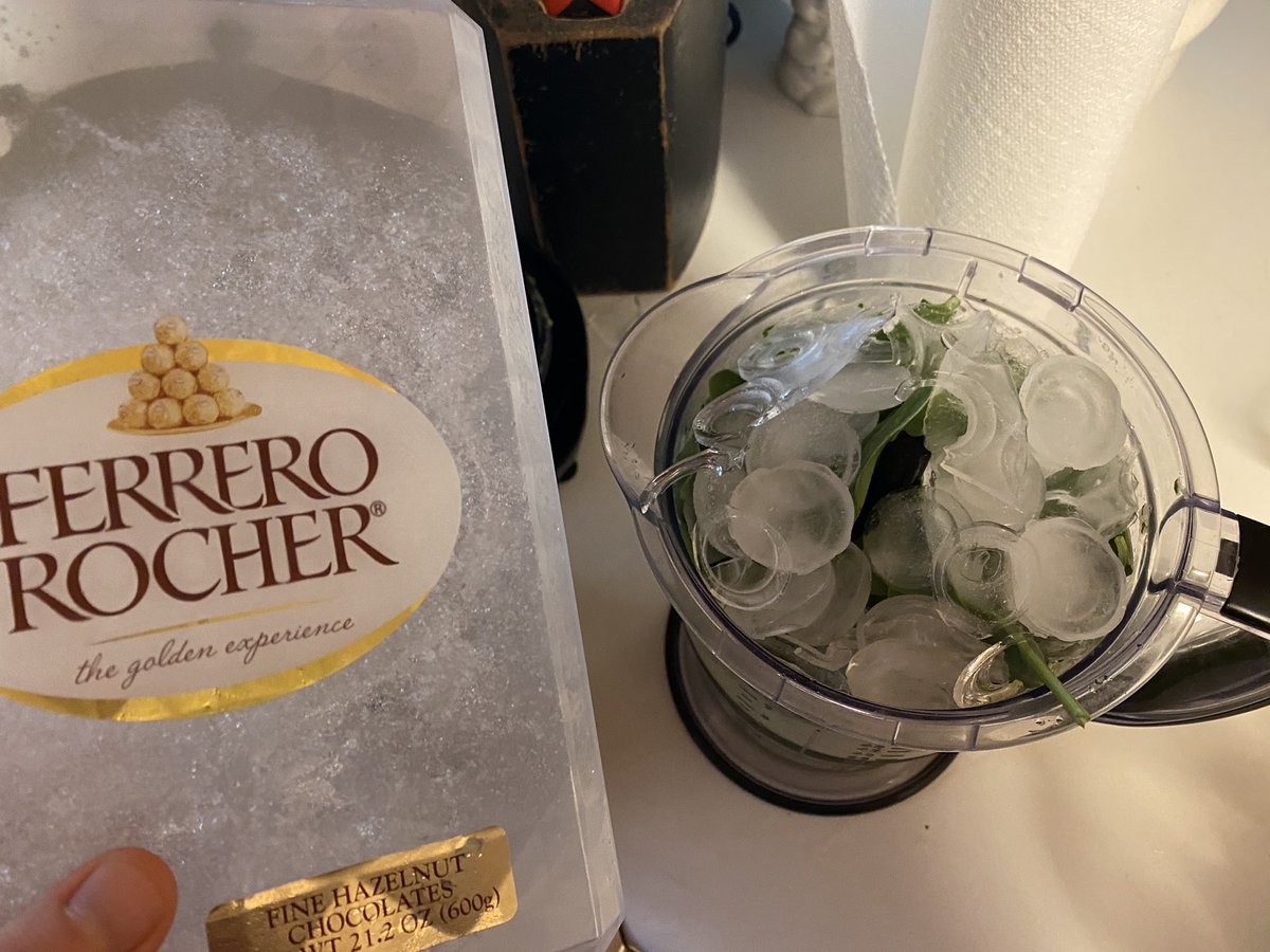 marginatalia's tweet photo. My parents’ freezer ice machine is broken and they don’t have a normal American ice tray so like a true Russian my mom life-hacked one out of an empty Ferrero Rocher container.  I’m teaching them about green smoothies. https://t.co/ierXDBcdMD