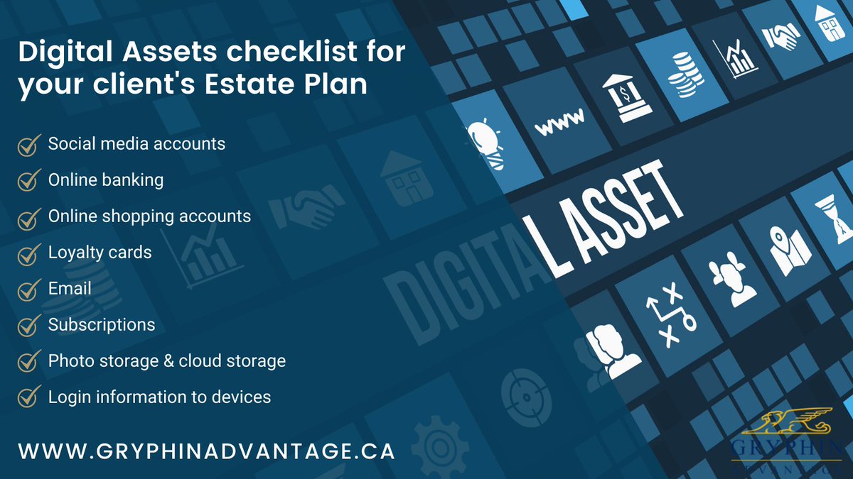 GryphinAdv's tweet image. Digital assets are becoming an important part of our lives and should be part of everyone's estate planning.  Here is a quick checklist to use with your clients to ensure they don't forget to include these assets. #digitalassets #estateplanning #estate #financialplanning #advisor