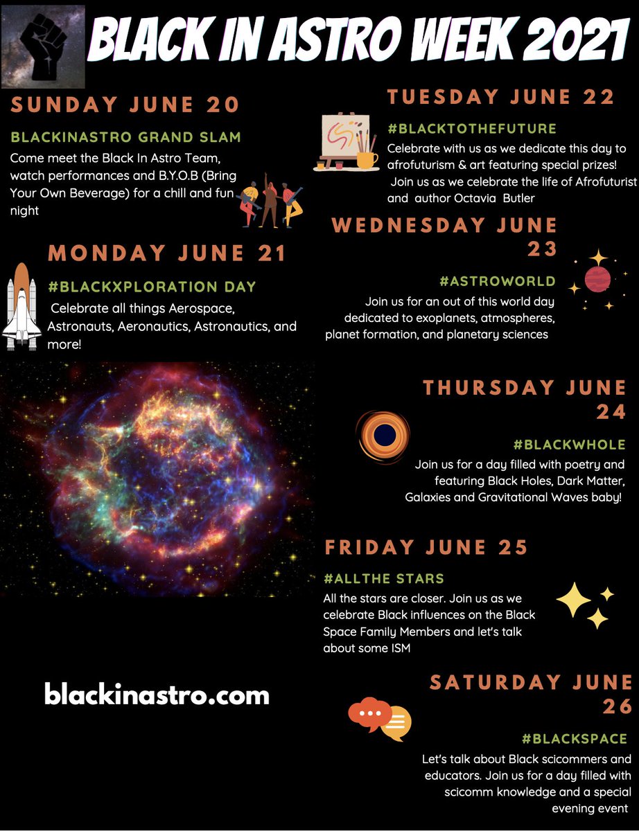 BlackInAstro's tweet photo. We wanted to re-share our promotional poster with included alt-text for accessibility. We are so excited to share this week with you all! #BlackInAstroWeek2021 https://t.co/FjwURoviv4