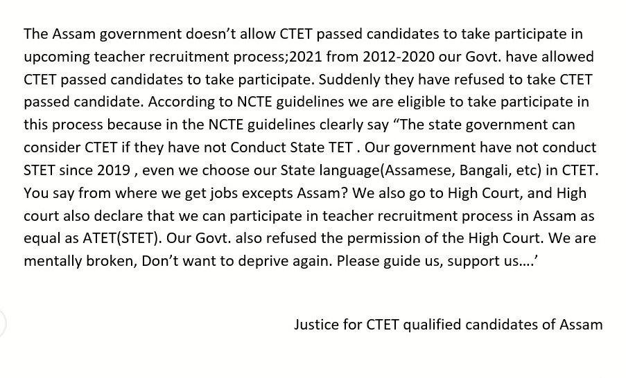 MosfiqueAlam's tweet photo. #JusticeforCtetInAssam
#Allow_AssamCtetCandidatesInNextRequirement
#JusticeforCtetInAssam
#EduMinOfIndia
#DrRPNishank https://t.co/6igyGXhadU