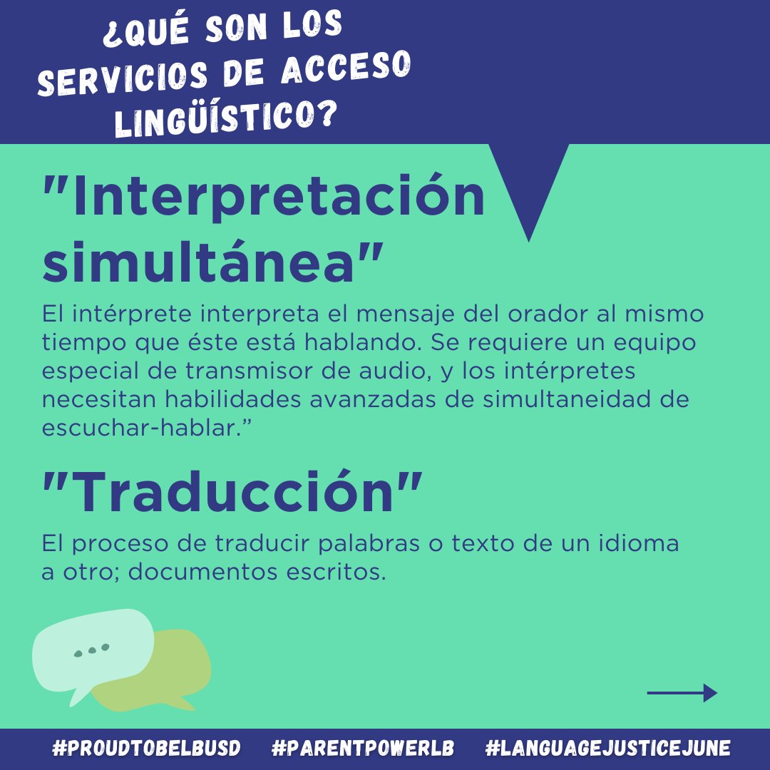 BHCLongBeach's tweet photo. ¿Qué son los servicios de acceso al idioma?

Como parte de nuestra campaña de junio sobre justicia lingüística, estamos definiendo términos que debe conocer. #ProudToBeLBUSD #ParentPowerLB #LanguageJusticeLB #LanguageJusticeJune #LanguageAccessLB https://t.co/Ypz9l2hGK8