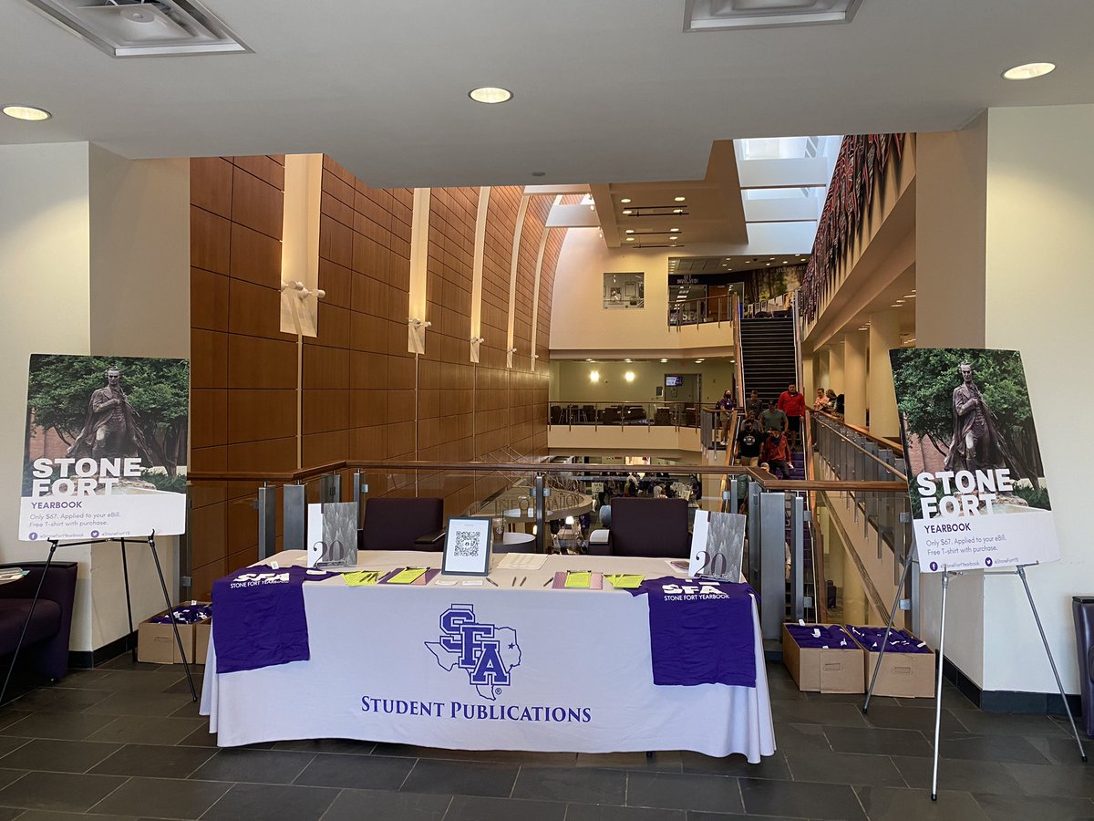 StoneFortYB's tweet photo. Stop by our booth at orientation today on the second floor of the Baker Pattillo Student Center next to Starbucks to secure your college memories! Come sign up for your Stone Fort yearbook and get a FREE T shirt. @SFA_Orientation https://t.co/nV1bviZjp9