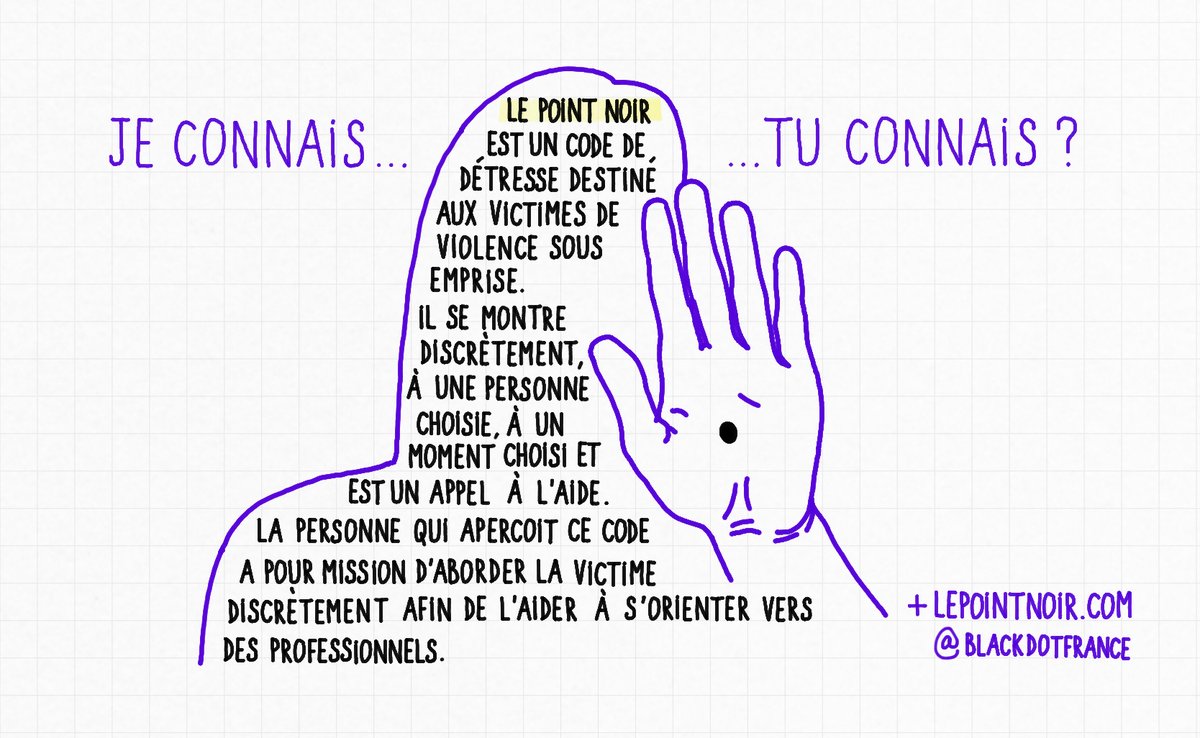 ENSEMBLE #RegardonsNous #CaNousRegarde #CestNous #ViolencesConjugales #solidarite #NeRienLaisserPasser #violencesfaitesauxfemmes #lepointnoir =un code de détresse pour victimes de violence sous #Emprise #ViolencesIntrafamiliales #BlackDotCampaign
+ sur lepointnoir.com