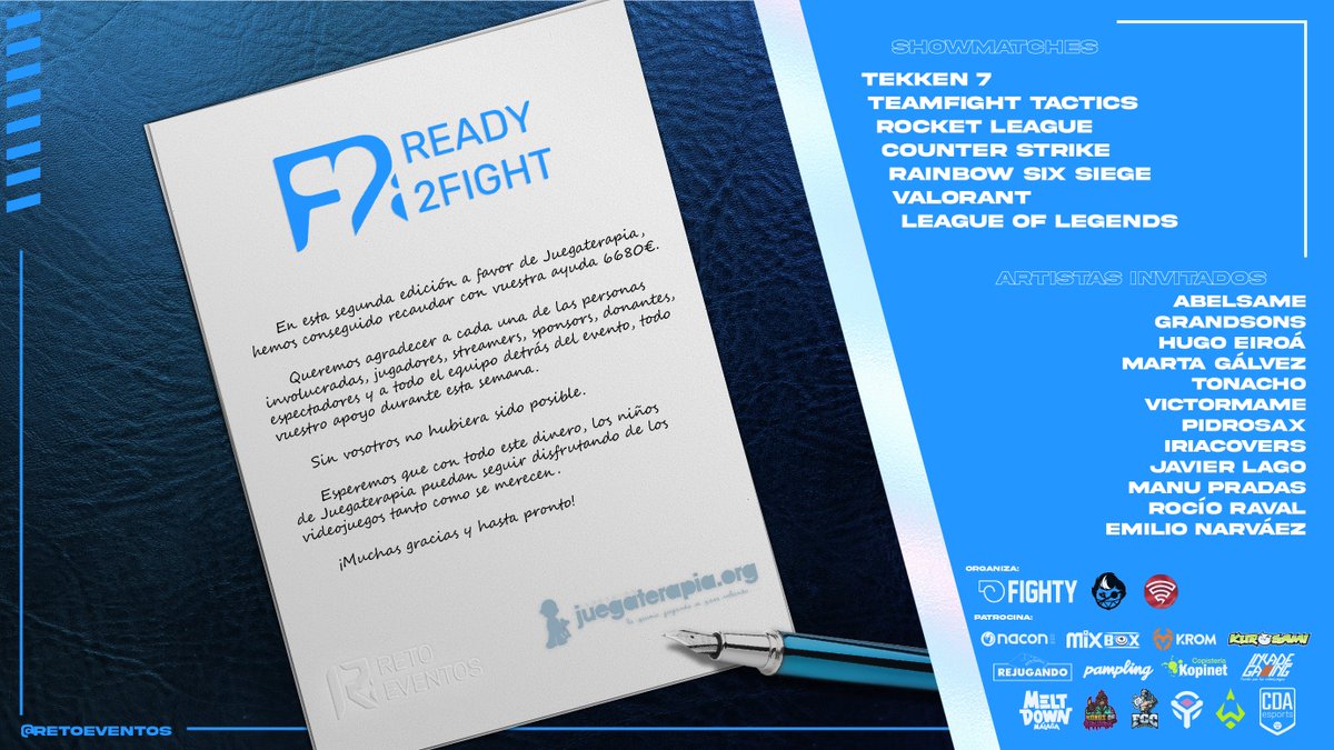 Se acabó oficialmente Ready 2 Fight, pero antes de irnos queremos dedicaros unas palabras.

Queremos agradecer a cada una de las personas que ha puesto su granito de arena en este evento benéfico a favor de <a href="/Juegaterapia/">Fundación Juegaterapia</a>. Sin vosotros vosotros no hubiera sido posible.💙

#R2F