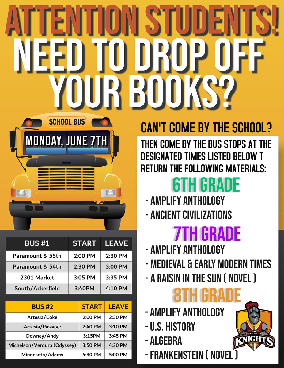 Can’t make it to Jackson to return your textbooks? Then take them to the bus stop during designated times THIS coming Monday, June 7th ONLY! See flyer for details!