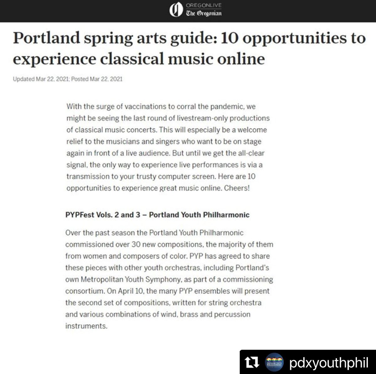 pdxyouthphil's tweet photo. #tbt March when the @Oregonian included this Saturday's #PYPFEST Vol. 3 in their 2021 Portland Spring Arts Guide!
There's still time to get your FREE e-ticket on our website: https://t.co/QNw5d2DWZ3
#classicalmusic #pdxnow #hearpyp https://t.co/A0xpyqGqss