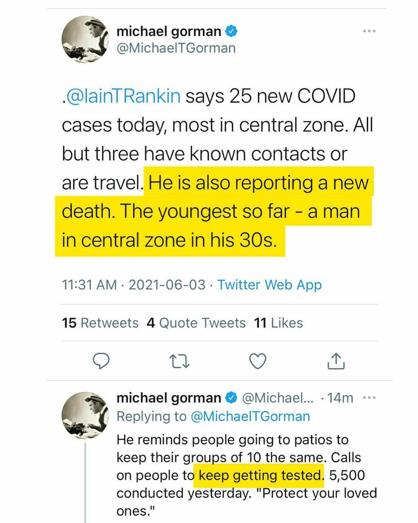 halifaxnoise's tweet photo. From @michaeltgorman — .@IainTRankin says 25 new COVID cases today, most in central zone. All but three have known contacts or are travel. He is also reporting a new death. The youngest so far - a man in central zone in his 30s.
—

He reminds people goin… https://t.co/tYj8qjumHH https://t.co/RfkmvQcEro
