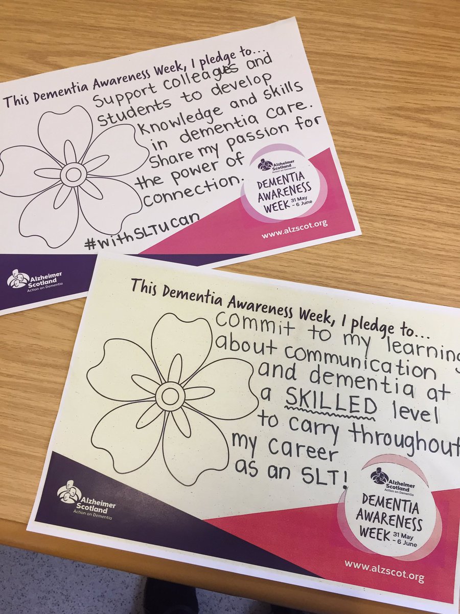 Supporting speech and language therapy students on clinical placement to develop knowledge & skills for a future workforce SKILLED in dementia care.Our pledges for #DementiaAwareness @nic_ahp @NHSTayside @elaineahpmh @AhpDementia @QMUniversity @RCSLT @alzscot https://t.co/XrTvBhssQL