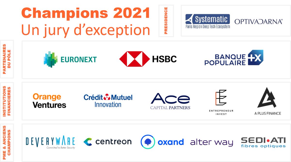 Pôle Systematic (@pole_systematic) on Twitter photo 🚀#Champions 2021 du <a href="/Pole_Systematic/">Pôle Systematic</a>
Rencontrez le jury : Optiva Darna, <a href="/euronext/">Euronext</a>,@HSBC_FR,@BPValdeFrance, <a href="/Orange_DV/">Orange Ventures old account</a>, <a href="/CreditMutInno/">Crédit Mutuel Innovation</a> , Ace, <a href="/EntrInvest/">Entrepreneur Invest</a> , <a href="/APlusFinance/">A Plus Finance</a>, @Deveryware, ,<a href="/Centreon/">Centreon</a>, oxand, <a href="/alterway/">Alter Way</a>, SEDI ATI !
🤩Palmarès en live le 16.06 bit.ly/3uwUF5z 🚀#Champions 2021 du <a href="/Pole_Systematic/">Pôle Systematic</a>
Rencontrez le jury : Optiva Darna, <a href="/euronext/">Euronext</a>,@HSBC_FR,@BPValdeFrance, <a href="/Orange_DV/">Orange Ventures old account</a>, <a href="/CreditMutInno/">Crédit Mutuel Innovation</a> , Ace, <a href="/EntrInvest/">Entrepreneur Invest</a> , <a href="/APlusFinance/">A Plus Finance</a>, @Deveryware, ,<a href="/Centreon/">Centreon</a>, oxand, <a href="/alterway/">Alter Way</a>, SEDI ATI !
🤩Palmarès en live le 16.06 bit.ly/3uwUF5z