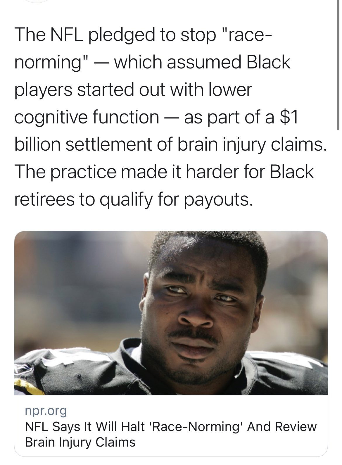 Antonio Moore on Twitter: "The fact that “race norming” has to be stopped in 2021 should give pause on the whole NFL tackling and all. https://t.co/byGu4GWA13" / Twitter