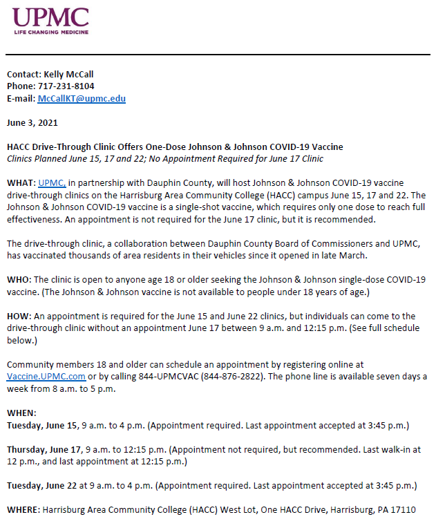 DauphinCounty's tweet photo. We are partnering with @UPMC to offer three one-day Johnson &amp; Johnson #vaccine drive-thru clinics this month at @HACC_info.
Appts are required for June 15 and 22. Walk-ins will be accepted on June 17 (but registration is still recommended).
@DauphinDPS https://t.co/dA3ZkPBktW