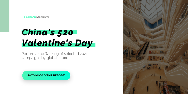 Launchmetrics's tweet photo. Check out our new #DataBrief! 📊

We're looking at China's 520 Valentine's Day ❤️ and the performance ranking of 2021 campaigns celebrating 520 day by brands like @gucci, @MaisonValentino, @MIUMIUofficial, &amp; @celineofficial  

Download the data brief! ⬇
https://t.co/BvtzM2T3T4 https://t.co/pwdoDsPJfb