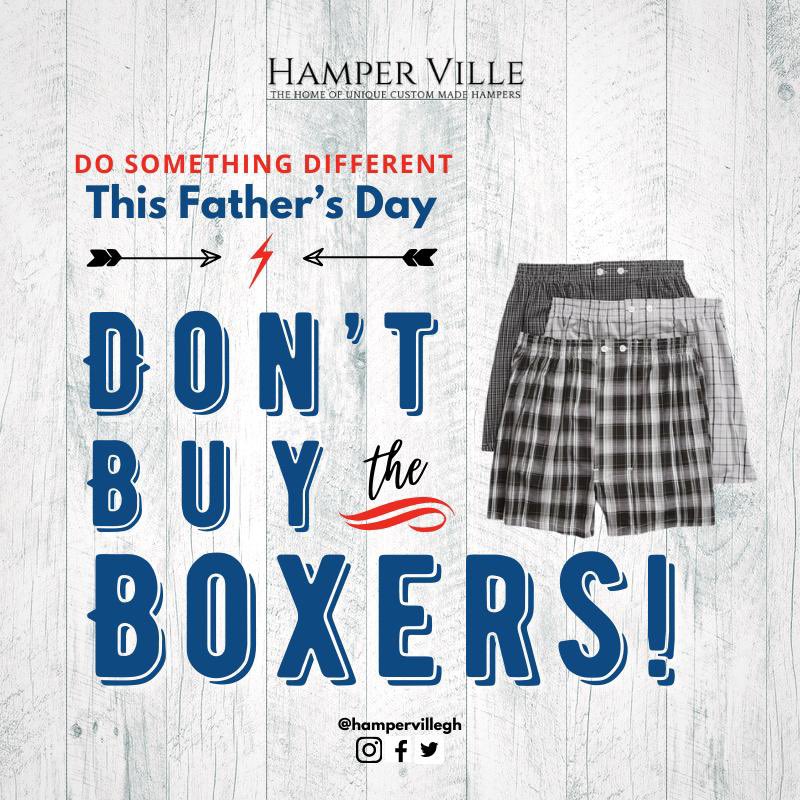 Do something different this Father’s Day. No boxers, no socks, no handkerchiefs, no ties.

Enough is enough.

#EnoughOfTheBoxersNSocks
#DoSomethingDifferent

A Hamper Ville (<a href="/hampervillegh/">hampervillegh</a>) campaign.