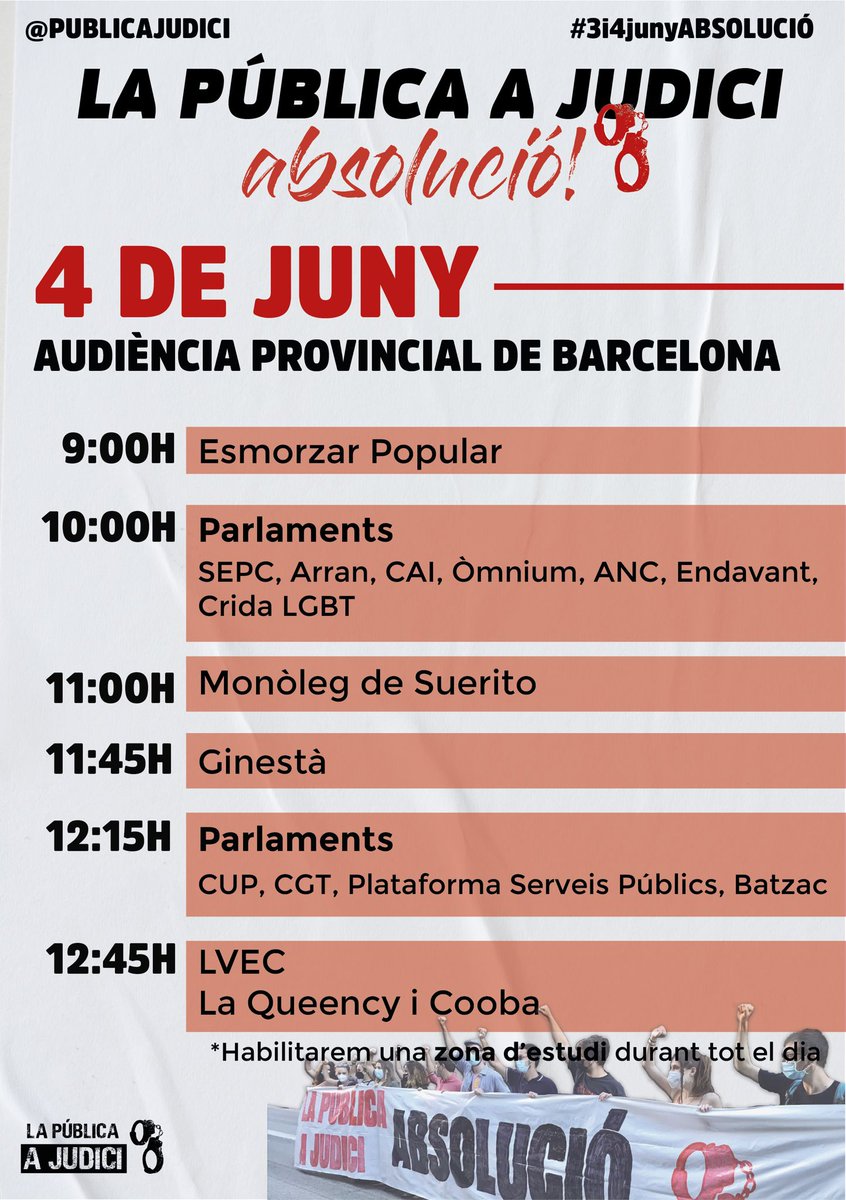🔴DIA 4: 2n DIA DE JUDICI🔴

Durant tota la jornada de demà tindrem parlaments de diversos col·lectius

🎶També tindrem música i diferents actuacions

👉🏼 S'habilitarà una zona d'estudi

Tornem demà a les 9h a l'Audiència Provincial BCN, no hi pot faltar ningú✊🏼

#3i4junyABSOLUCIÓ
