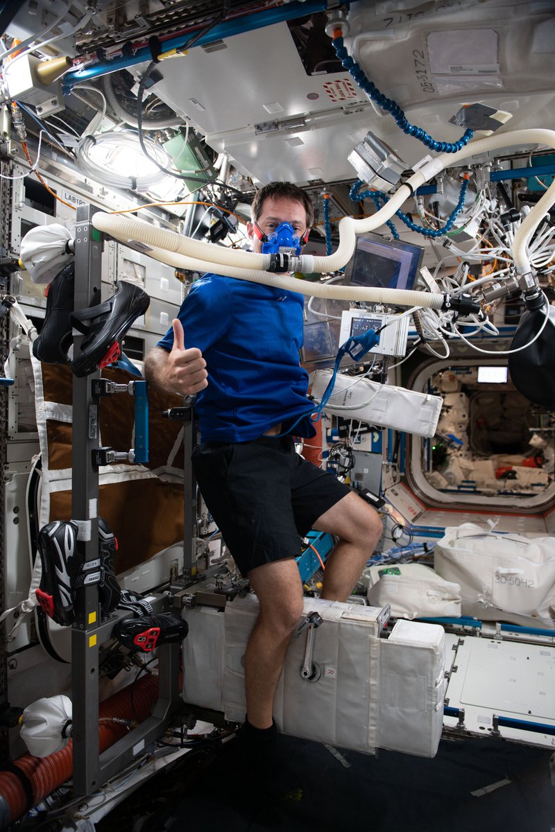 Thom_astro's tweet photo. À bord de la @Space_Station nous avons 3 équipements pour faire du sport et l'obligation médicale de nous en servir ! Voici CEVIS, notre vélo... un peu spécial 🚲 Sur Terre comme dans l'espace, faire de l’exercice c’est bon pour la santé ! #MissionAlpha #JournéeMondialeDuVélo https://t.co/SC1KrNkw3j