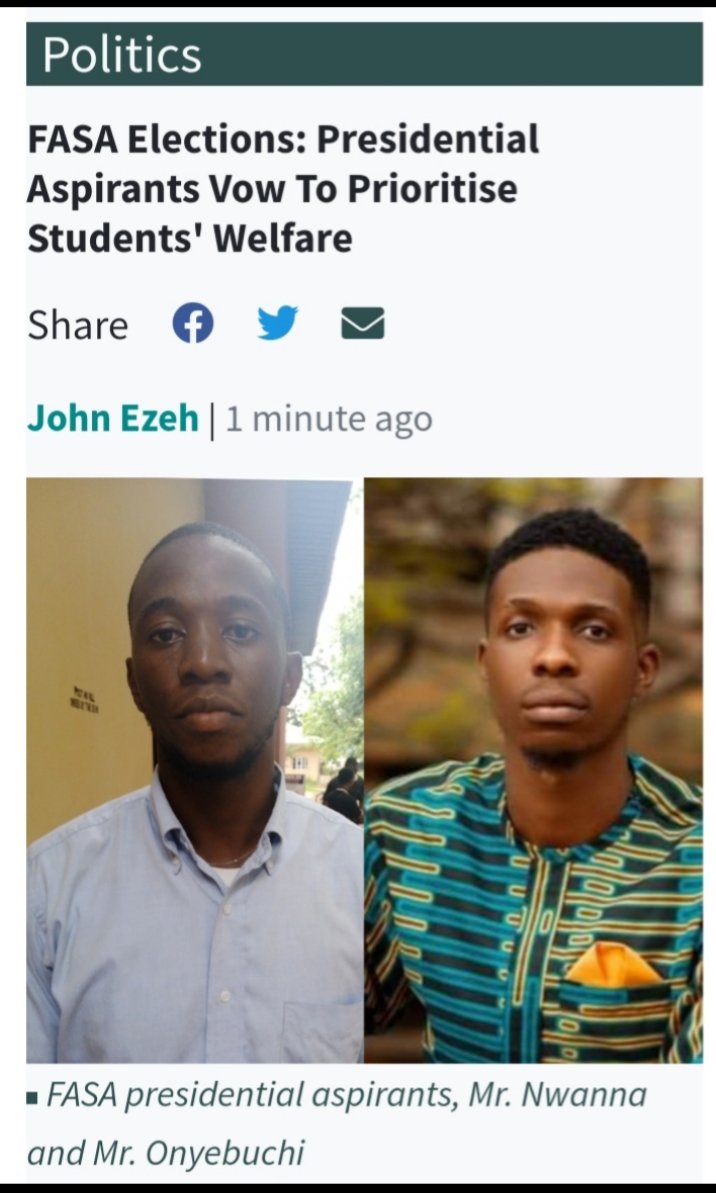 therecordunn's tweet photo. The two candidates for the FASA, University of Nigeria, Nsukka top seat,  Mr. Izuchukwu Nwanna and Mr. Emmanuel Onyebuchi, have vowed to prioritise students' welfare if elected.
(The elections will hold on Monday, June 7, from 7:30 am.)

Read full story @

https://t.co/rDNKKMJG8N https://t.co/OMot9GOlzI