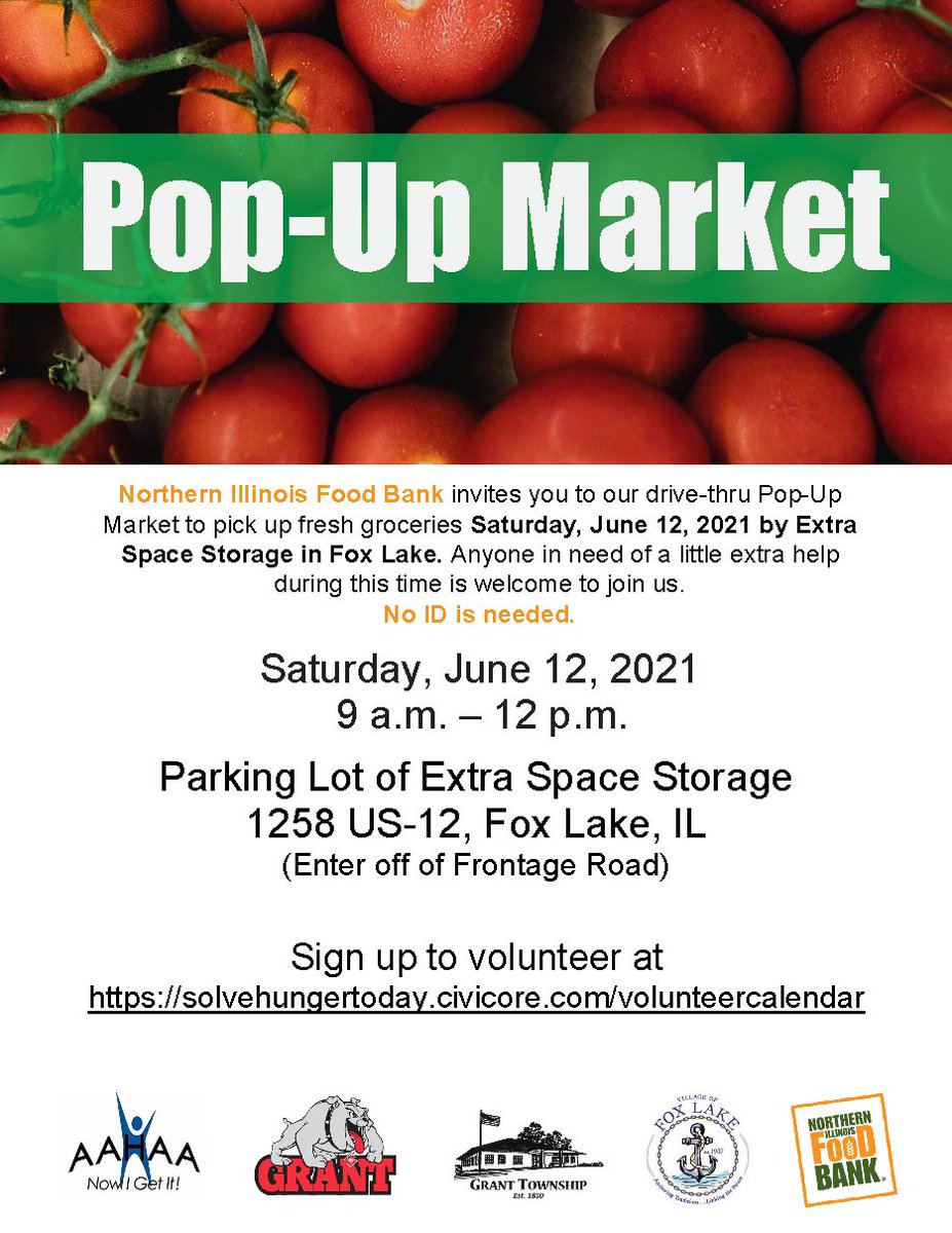 The Northern Illinois Food Bank will be holding a pop-up market this Saturday, June 12, from 9am-12pm in the parking lot of Extra Space Storage in Fox Lake. Anyone in need of a little extra help is welcome to join us!