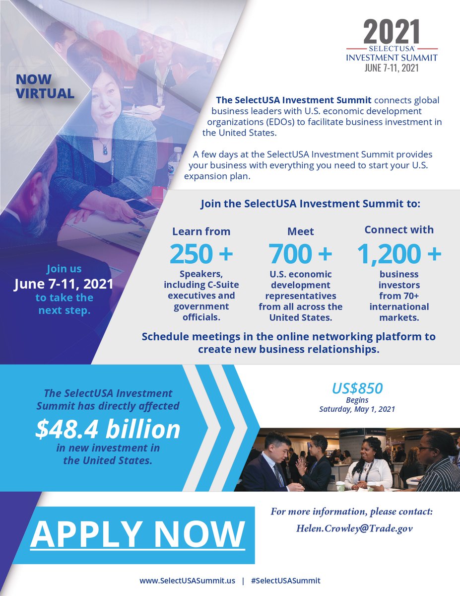 rccharvardexe's tweet photo. 🥳 Upcoming Event! 🇺🇸 7-11 June | 2021 Summit SelectUSA 🇺🇸 ONLINE EVENT FOR BUSINESS LEADERS - https://t.co/tbMVPxWgNQ 8th annual @SelectUSA investment summit connects qualified foreign firms with U.S. economic development organizations (EDOs) #investment #jobcreation https://t.co/ZYx5EdxUhg