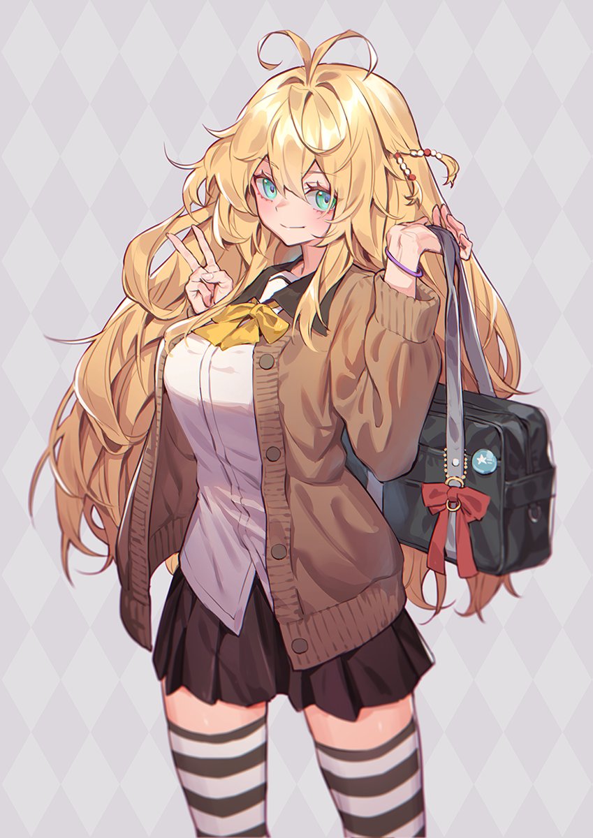 tsurumaki maki 1girl long hair solo bag thighhighs skirt blonde hair  illustration images