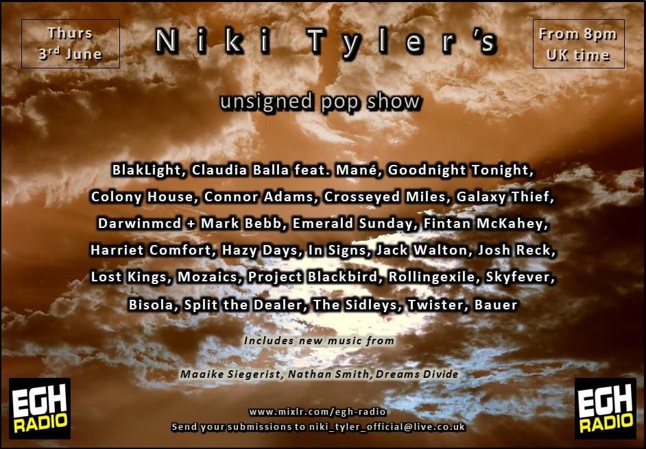 nikityler1's tweet photo. Playing on my @EGHRadio pop show tonight @jwaltonmusic @bauermusic_ #SplitTheDealer @GnightTnight @wearetwister @colonyhouseband @FintanMcKahey @DarwinMcD #MarkBebb @dreamsdivide @bisolamusic @BlakLightband @emeraldsunday1 @thesidleys @NatStringSmith @insignsband https://t.co/byhMbrEJz4
