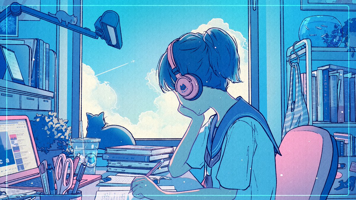 1girl headphones cat plant cloud window book  illustration images