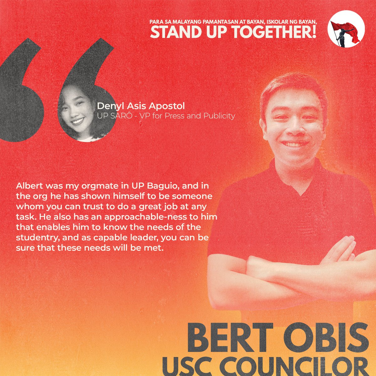 STANDwithBert's tweet photo. SINO NGA BA SI #BerBerBert? #TodoNaTo 🔥
Masipag, mapagkakatiwalaan, at higit sa lahat, lumilingkod - ito si Bert Obis, ang inyong susunod na USC Councilor!
Para sa malayang pamantasan at bayan, Iskolar ng Bayan, stand up together!
#StandUpTogether
#BerBerBert https://t.co/Qw7nCc6nt5