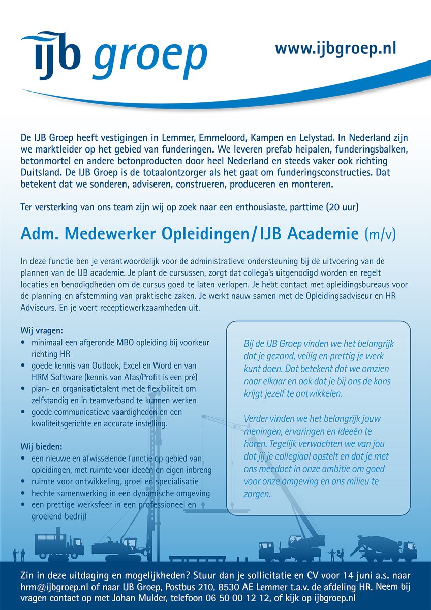 Voor ons HR team zoeken we een Administratief HR-medewerker en een Administratief Medewerker Opleidingen / IJB Academie. Ben of ken jij een flexibele teamspeler die ook goed zelfstandig kan werken? Kijk dan snel op: ijbgroep.nl/ijb-groep/werk…
