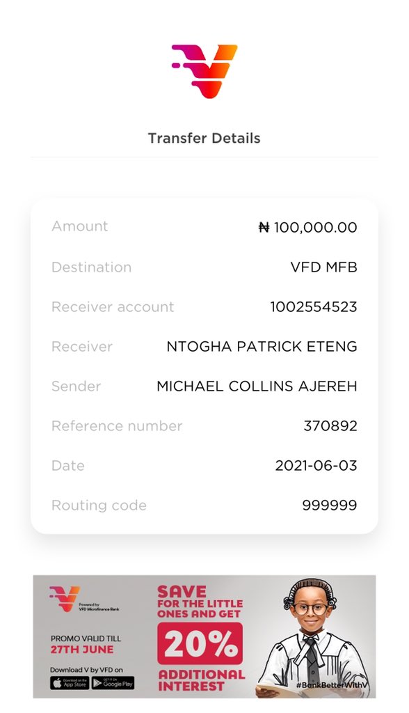 Oh true found you. Done ✅. 100k sent to your Vbank. Sorry for the delay. 🙏🏾