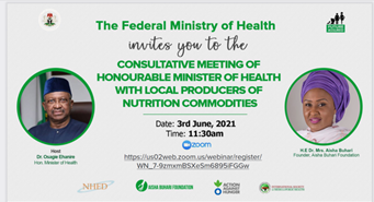 #HappeningNow

<a href="/Fmohnigeria/">Federal Ministry of Health, NIGERIA</a> in collaboration with <a href="/CareBuhari/">Aisha Buhari Care Foundation</a> is organising a consultative meeting of Hon Minister of Health <a href="/DrEOEhanire/">Dr. E. Osagie Ehanire MD, FWACS</a> with local producers of nutrition commodities.

Stay with us for exclusive updates!
#FundNutritionNG