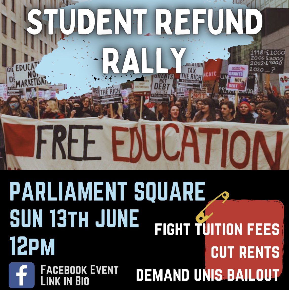 🚨STUDENT REFUND RALLY🚨

Come and demand to be listened to!

💥Fight Tuition Fees
💥Cut Rents
💥Demand a Full Unis Bailout

Be there on Sunday 13th June, 12pm!