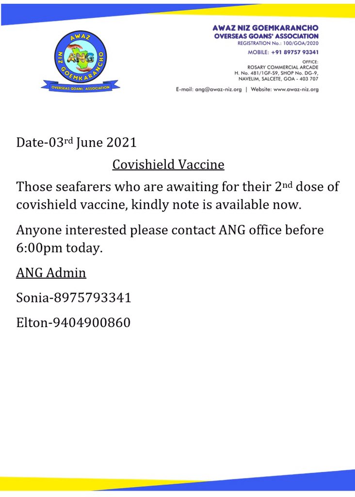 AllSeafarers's tweet photo. The another Good News For Goan Seafarers who is waiting for 2nd Dose of Covishield. The #ANG is Provided assistance. Please Contact Provided no. &amp; fully Vaccinated yourself as a Seafarer &amp; resume your Job. https://t.co/zCqmqJ3xas