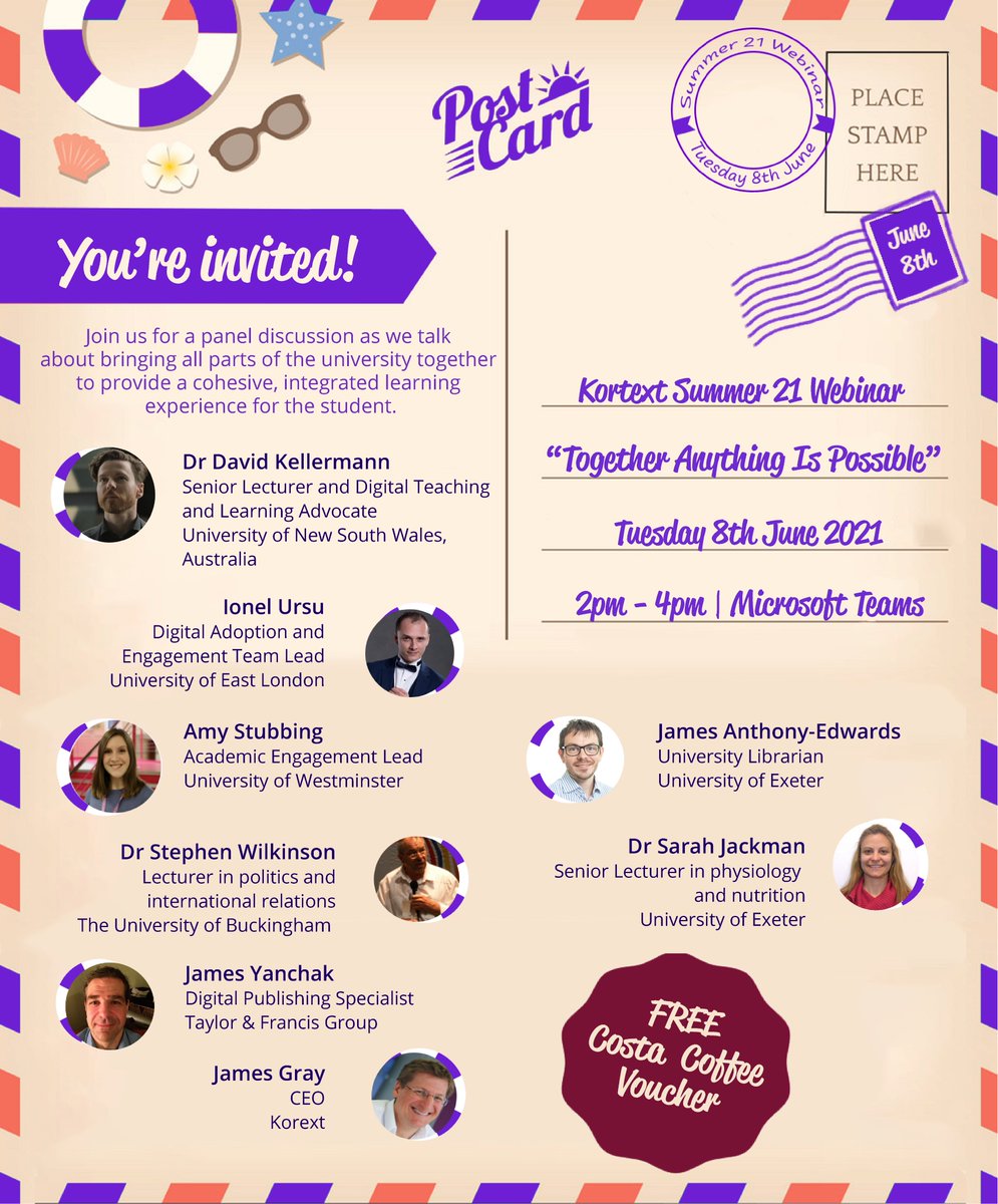 Kortext's tweet photo. Join us on Tuesday 8th June for our Summer 21 Webinar! 
We're pleased to announce that ⭐️Dr David Kellermann⭐️ will be our keynote speaker, and our panelists include: @iursu85, @Amyodo, @JamesAE, and more! Click here >>https://t.co/FrvF2W820Q << to sign up! https://t.co/0JDjBjVWUl