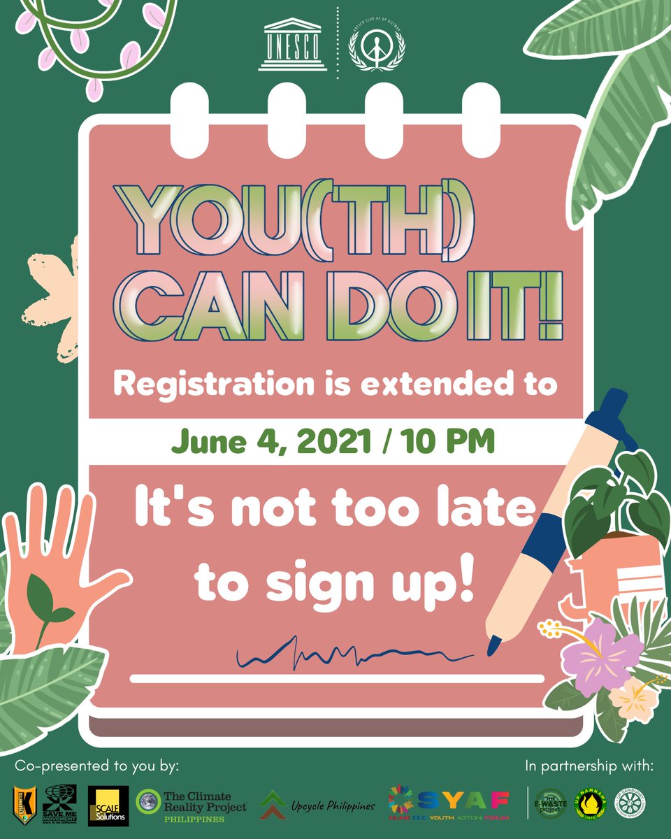 UNESCOClubUPD's tweet photo. Registration is extended!

📍You can still register until June 04 (Fri), 10PM 💚 https://t.co/BJ7TUbIy7u

*E-certificates will be given!

See you there, world-changer!! ✨ https://t.co/0fu5uCQHy0