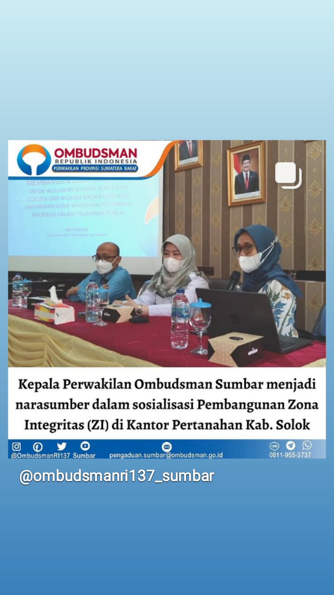 OmbudsmanSumbar's tweet photo. Rabu, 02/05/21 Kepala Perwakilan Ombudsman Sumbar menjadi narasumber dalam sosialisasi Pembangunan Zona Integritas (ZI) di Kantor Pertanahan Kab. Solok https://t.co/v4X7zsEr47