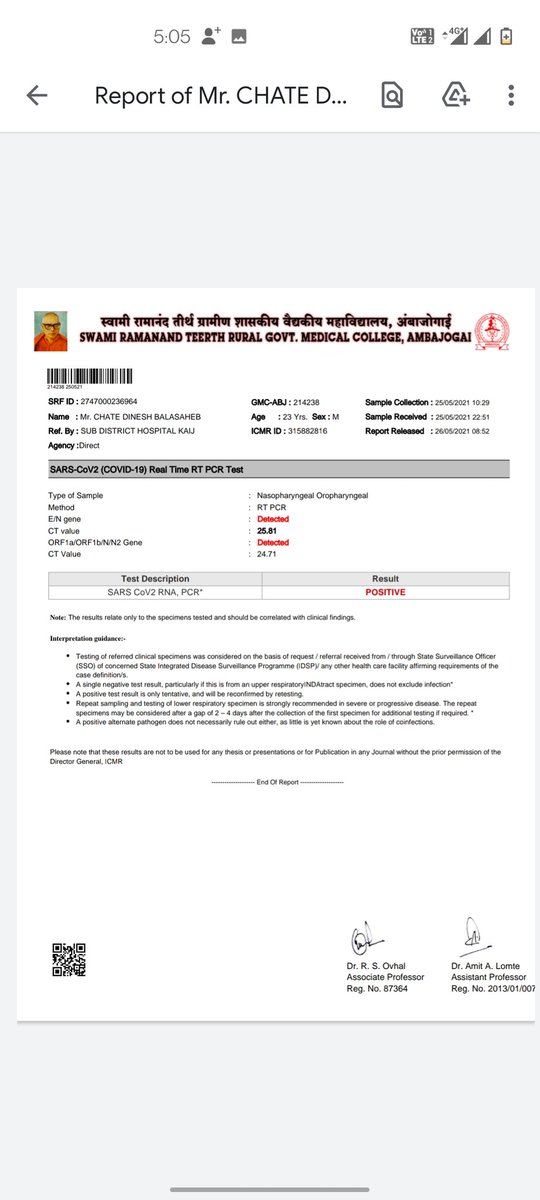 VivekKa67019091's tweet image. Following report is of my batchmate -dinesh balasaheb chate 
He has been tested positive ; will @AmitV_Deshmukh  write exams if he has been tested positive ? 
 Exam offline lene ke online meeting lene wale kya jane 
#muhsonlinexam #muhspostponeexam 
@CMOMaharashtra @narendramodi