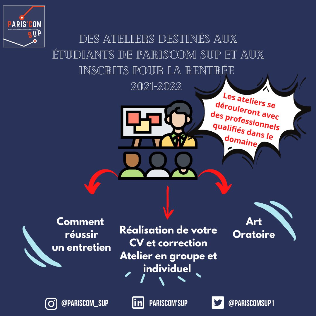 ParisComSup1's tweet photo. En recherche d’une alternance ? Besoin de gagner en éloquence et de devenir un bon orateur ? Inscrivez vous à nos ateliers coachings encadrés par des professionnels qualifiés dans leur domaine. #Pariscomsup #Atelier #CV #coaching https://t.co/YFqlBZqFob