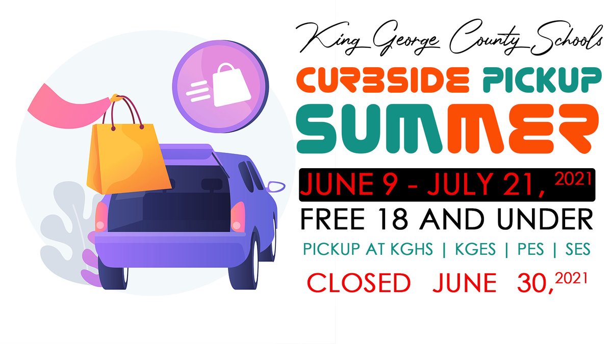 KGCS Families - Curbside Pickup for the Summer of 2021 will be from 1-3 PM on Wednesdays starting June 9, 2021. More info at kgcs.k12.va.us/departments/sc…