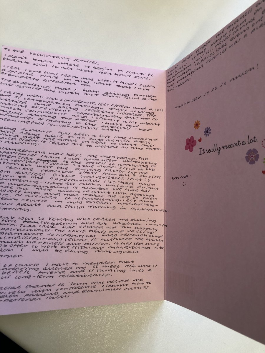 What a beautiful card from one of our young volunteers Emma, who is going on to Southampton Uni to do her training to become a nurse. Its brought a tear to our eye! THANK YOU Emma, for your invaluable support as a volunteer during these extraordinary times ❤️#VolunteersWeek2021
