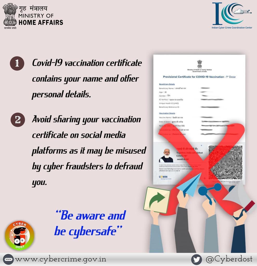 me_ankky's tweet photo. Many of us are sharing our vaccination certificate in social media platforms.
Please keep this in ur mind while sharing
#Beawarebecybersafe @saumya__ias @DCPNWestDelhi @CPDelhi @DCP_CCC_Delhi https://t.co/bQN9wY099w