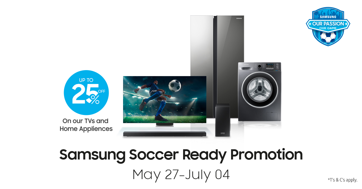 SamsungKE's tweet photo. Are you ready  for the  Euro Cup ?Take the advantage of up to 25% discount  on  selected TVs &amp;  Home Appliances and get all the action at home with your family. Offer Valid from up to  4th July. T&amp;C Apply https://t.co/E0rJB8BJwS