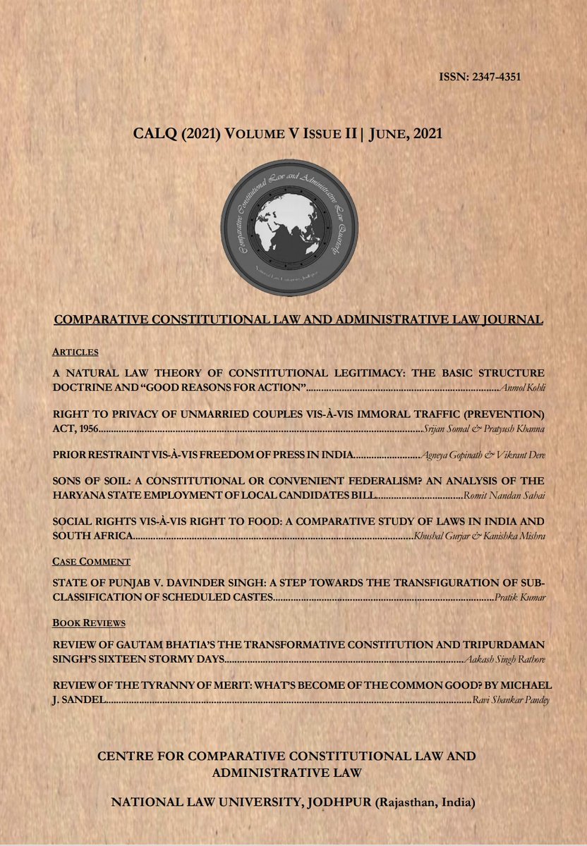 Dear all,

We are pleased to share that Volume 5, Issue 2 of the Comparative Constitutional Law and Administrative Law Journal ['CALQ'] has been published! 

Available at: calq.in/post/calq-publ… 

#CALQ #journal #Constitution #AcademicTwitter #administrativelaw