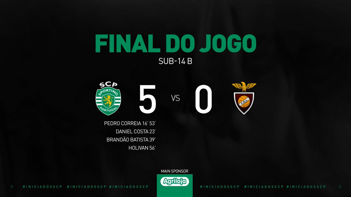 #IniciadosSCP | ⏹ FINAL DO JOGO:

Os Sub-14 B venceram o C. Oriental Lisboa por 5-0, na 4.ª jornada da 1.ª fase/Série 5 da Taça AFL! 👏