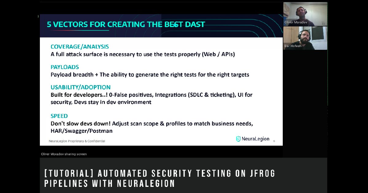 Bar Hofesh <a href="/bararchy/">Bar Hofesh</a> &amp; Oli Moradov <a href="/AppSecOli/">Oli Moradov</a> <a href="/NeuraLegion/">NeuraLegion</a> showcase the capabilities of NeuraLegion's AppSec testing technology to achieve #DevSecOps. Integrating &amp; accessing NexDAST dynamic application security #testing via #JFrog Pipelines. jfrog.co/2RiIKe1